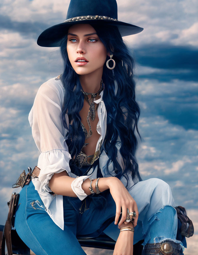 Blue-haired woman in wide-brimmed hat, white blouse, denim, and jewelry against cloudy sky