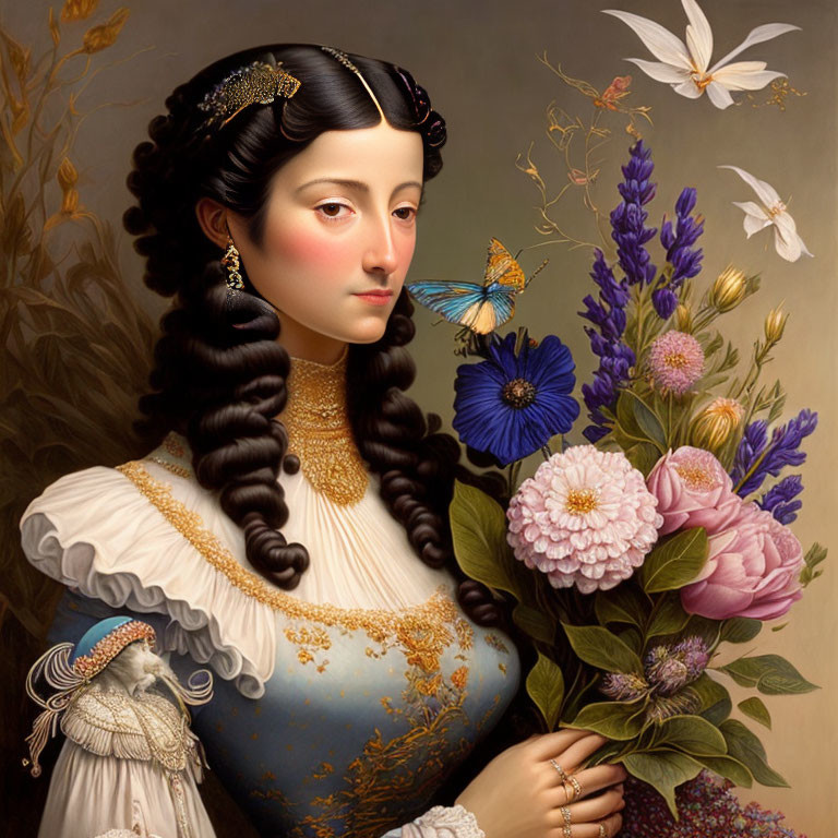 Elaborate Black Hair Woman in Blue Dress with Butterflies and Plants