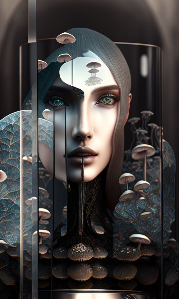 Surreal digital art portrait with mushrooms and organic patterns