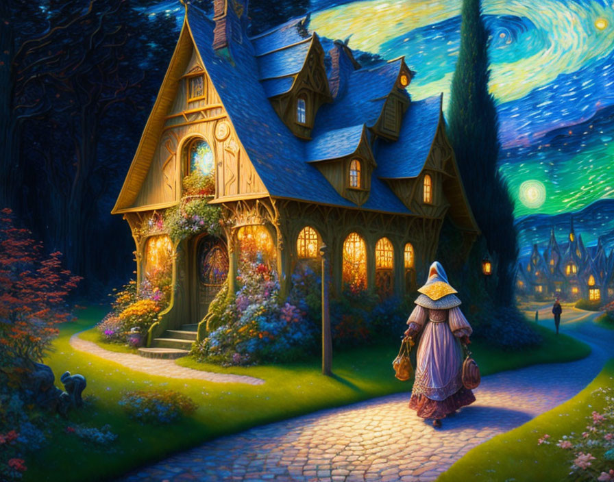 Colorful painting of person near fairy-tale cottage in starry night scene