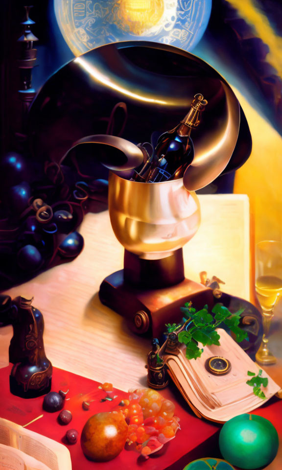 Colorful still life painting with phonograph, fruits, wine glass, and papers on table