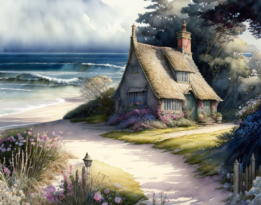 Thatched cottage by seaside with crashing waves and flowers