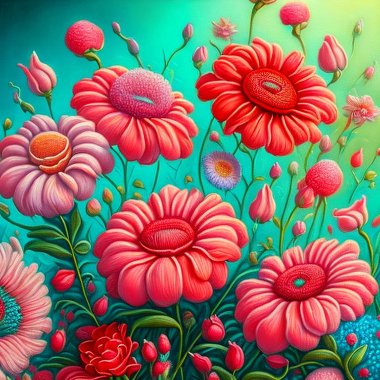 Colorful floral painting with pink and red flowers on teal background