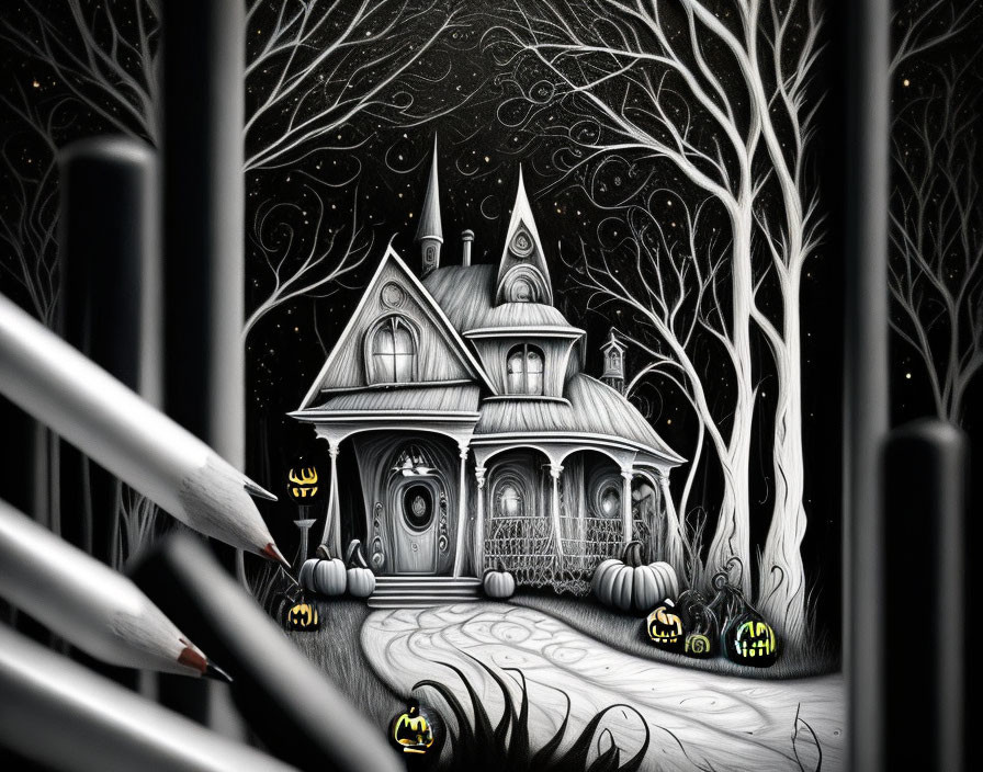 Monochrome spooky house with Jack-o'-lanterns in forest setting.