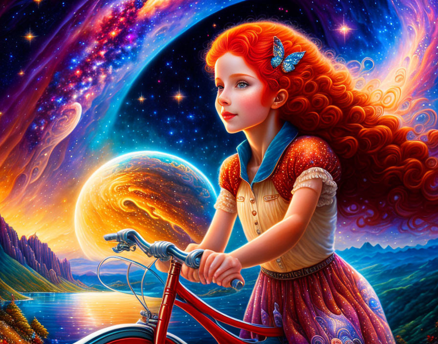 Illustration of red-haired girl on bike with cosmic backdrop and butterfly.