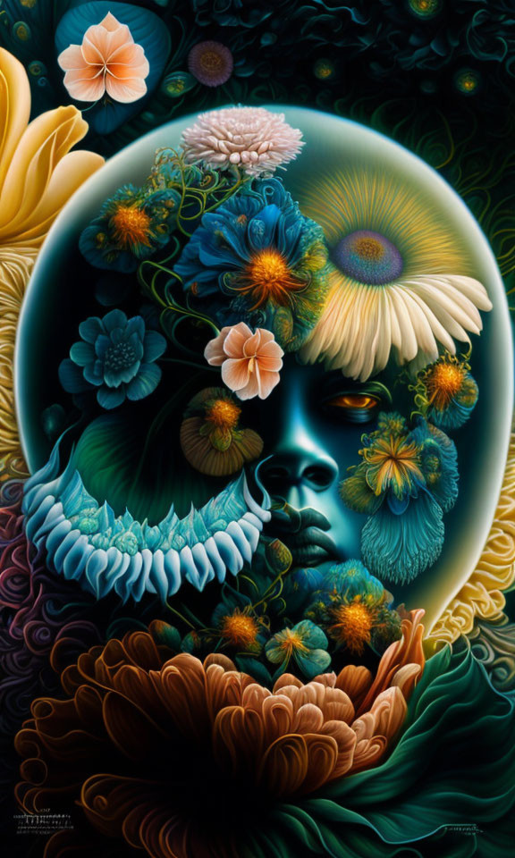 Surreal illustration of face merged with vibrant flowers and foliage