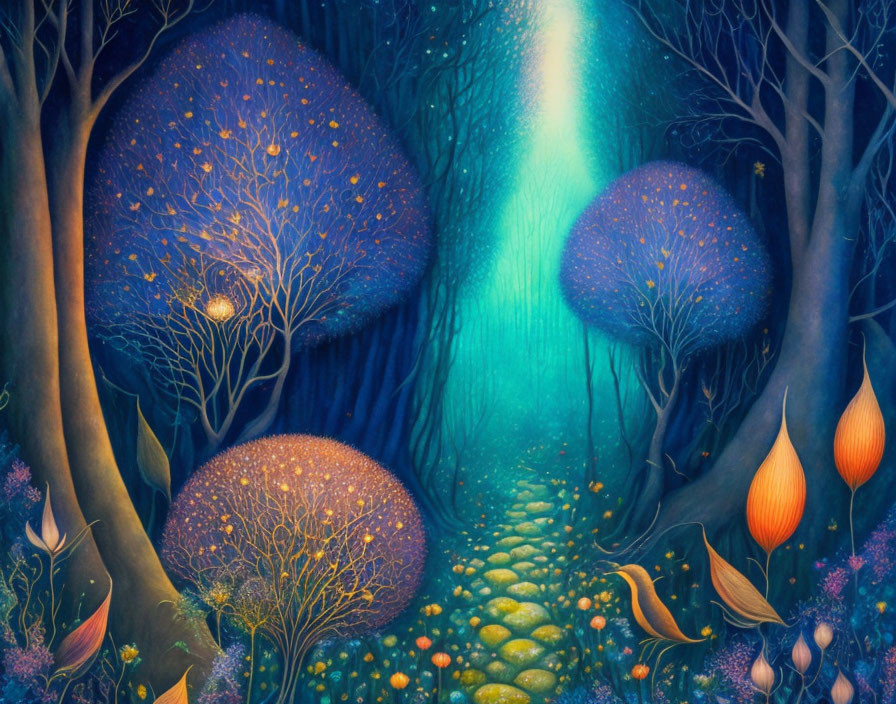 Ethereal forest with glowing blue trees and golden pebbles path