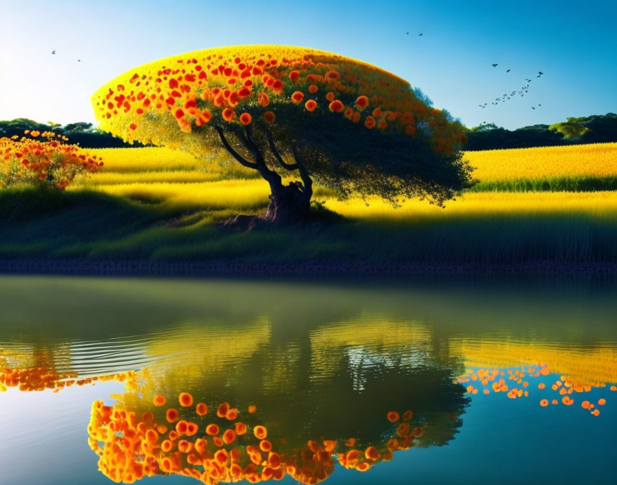 Scenic landscape with vibrant tree, lake reflection, and yellow field