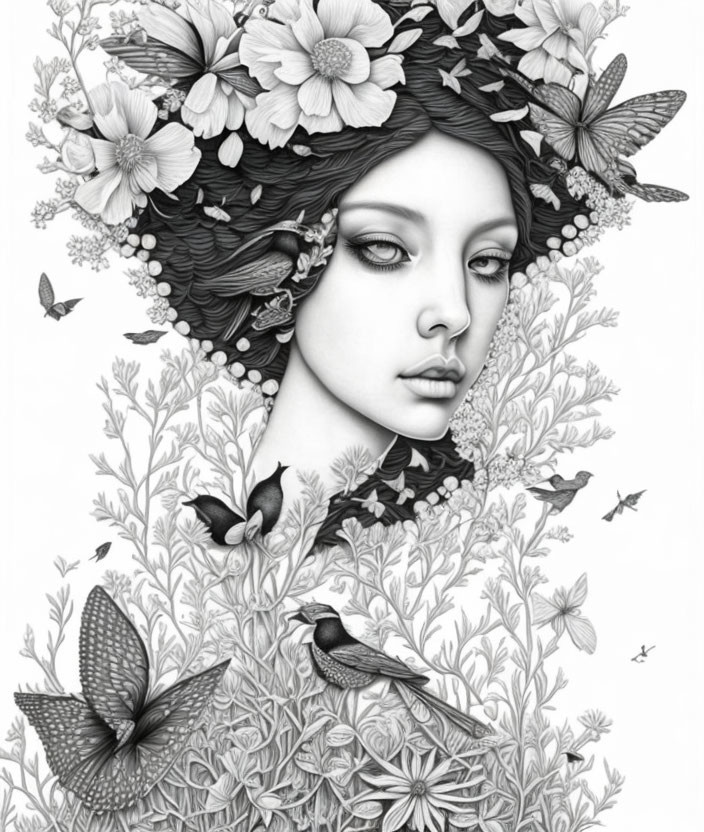 Monochrome illustration of woman with floral and avian motifs