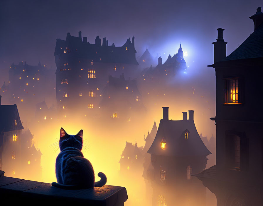 Cat overlooking misty town at twilight with illuminated windows