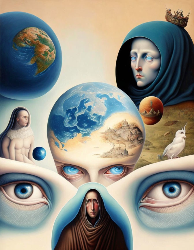 Surrealist painting with celestial, human faces, and ethereal motifs