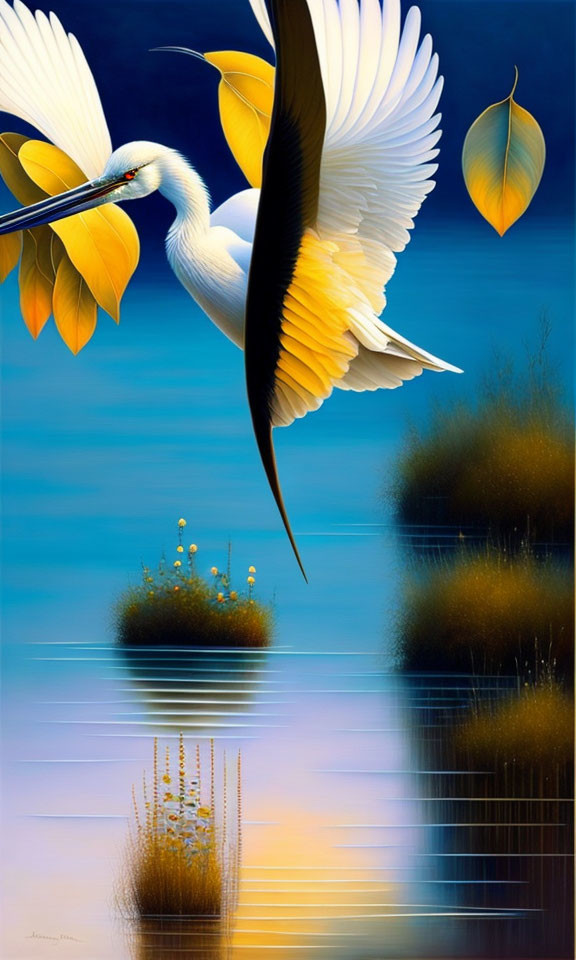 White egret flying with twig over serene water and foliage under blue sky