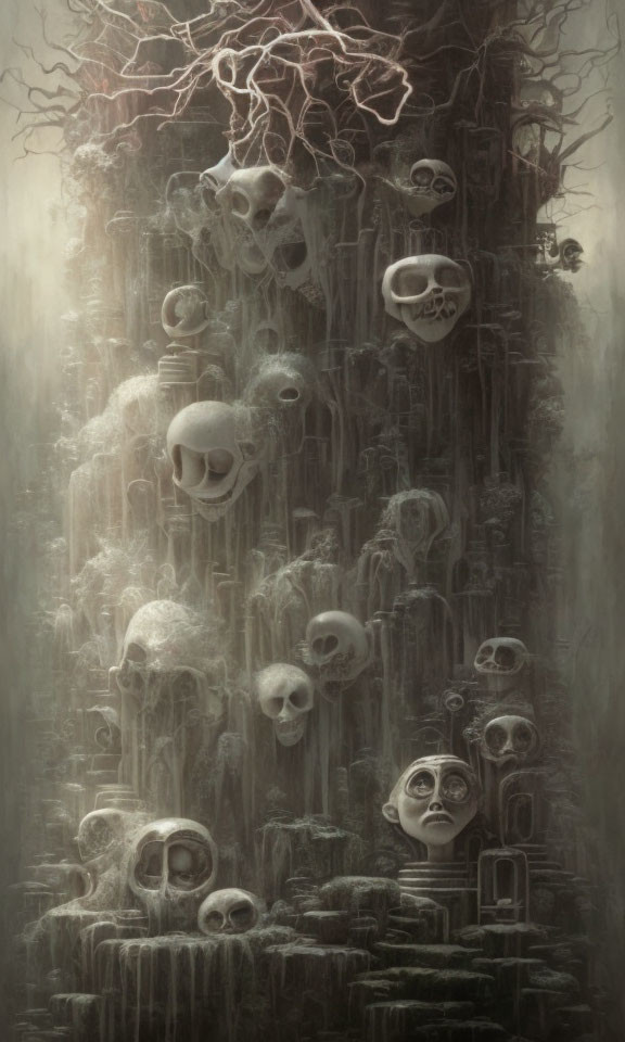 Surreal towering skull formation against misty backdrop