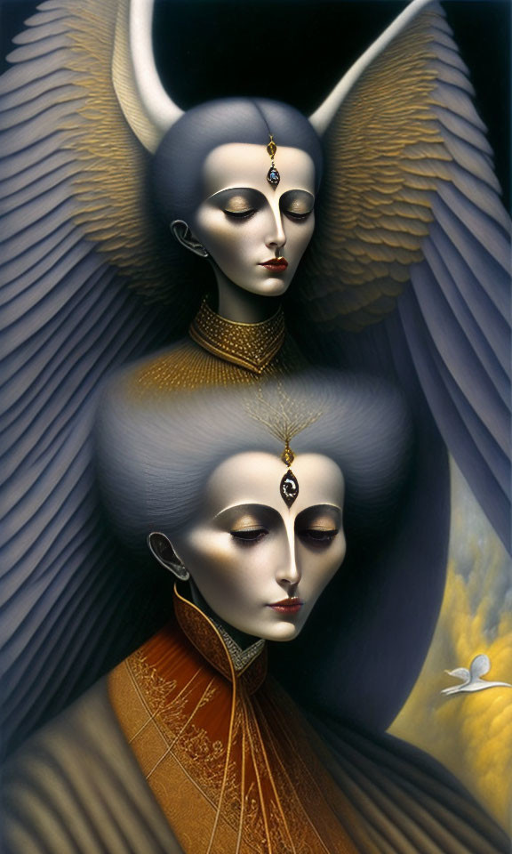 Surreal artwork of two grey figures with golden jewelry and horns on dark background