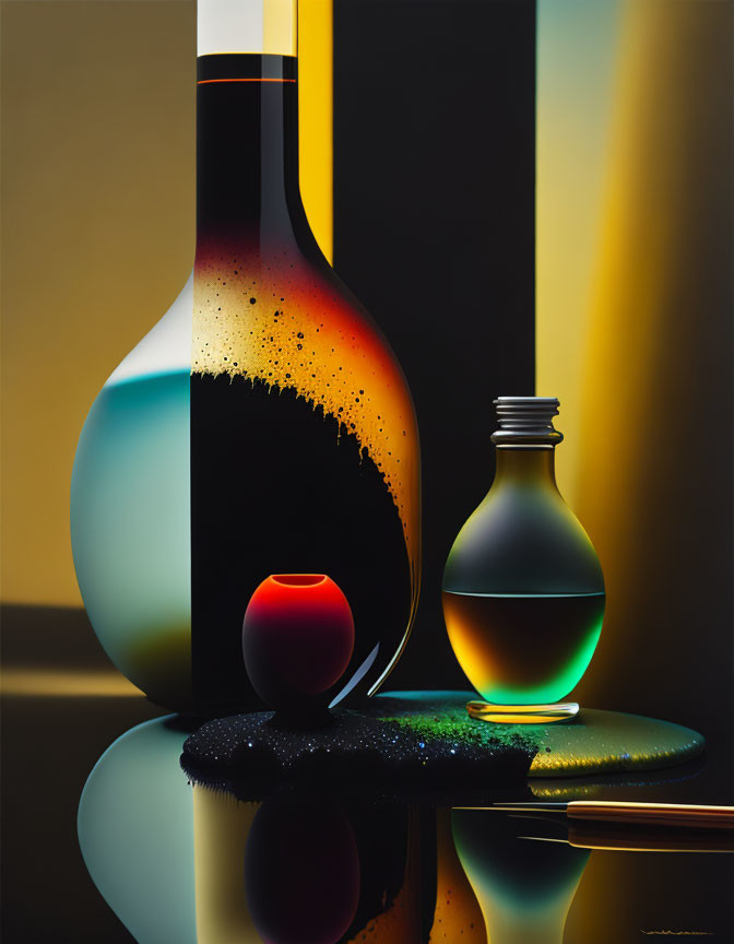 Still life with large gradient bottle, small spherical vial, ring, and pendant on reflective surface