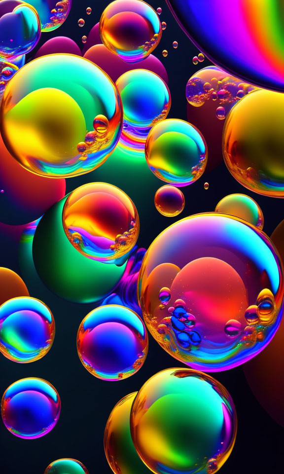 Colorful Reflective Bubbles Floating on Dark Background