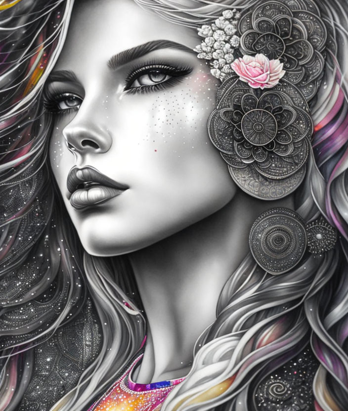 Monochrome illustration of a woman with floral hair patterns and pink accents