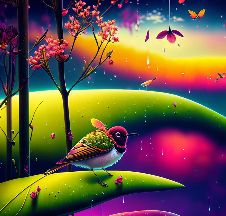 Colorful Bird on Leaf Amidst Raindrops and Butterflies in Vibrant Digital Art