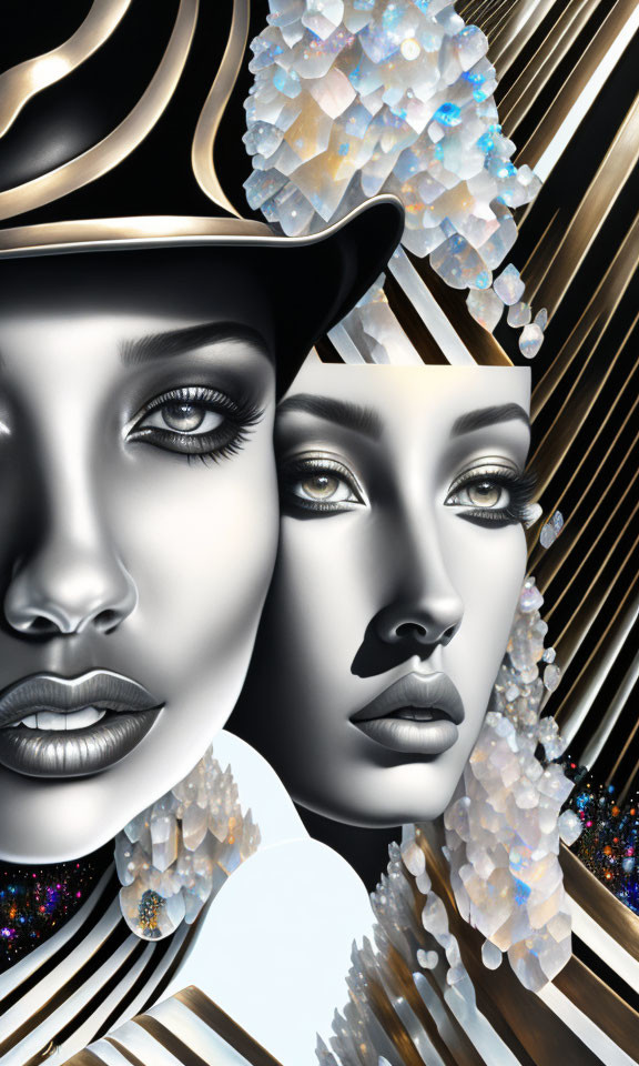 Symmetric faces in monochromatic tones with sparkling crystals on geometric background