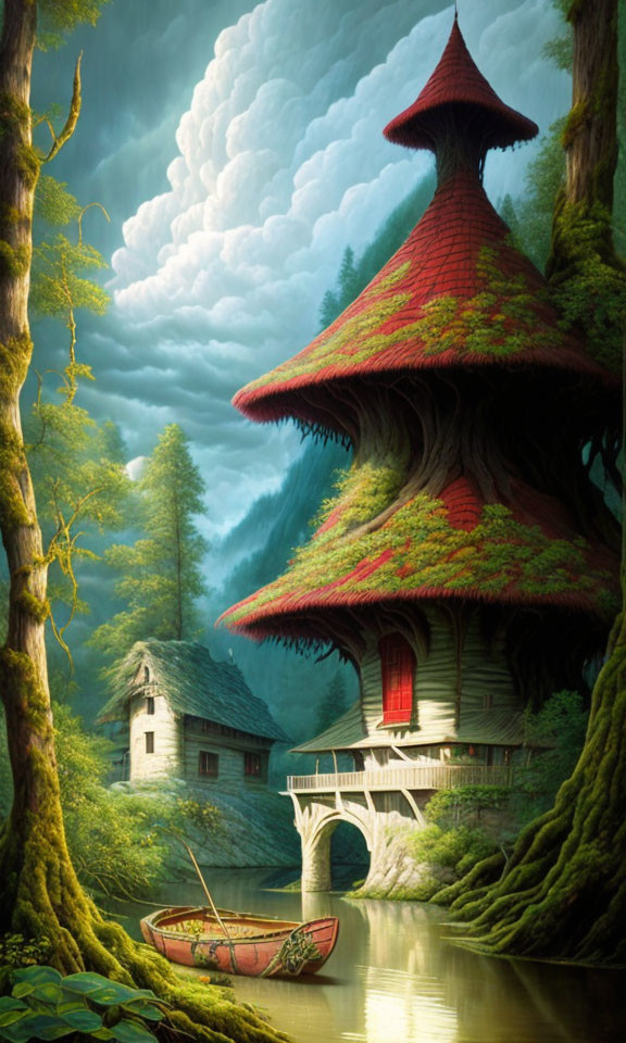 Whimsical fairytale illustration of mushroom house and cottage in misty forest