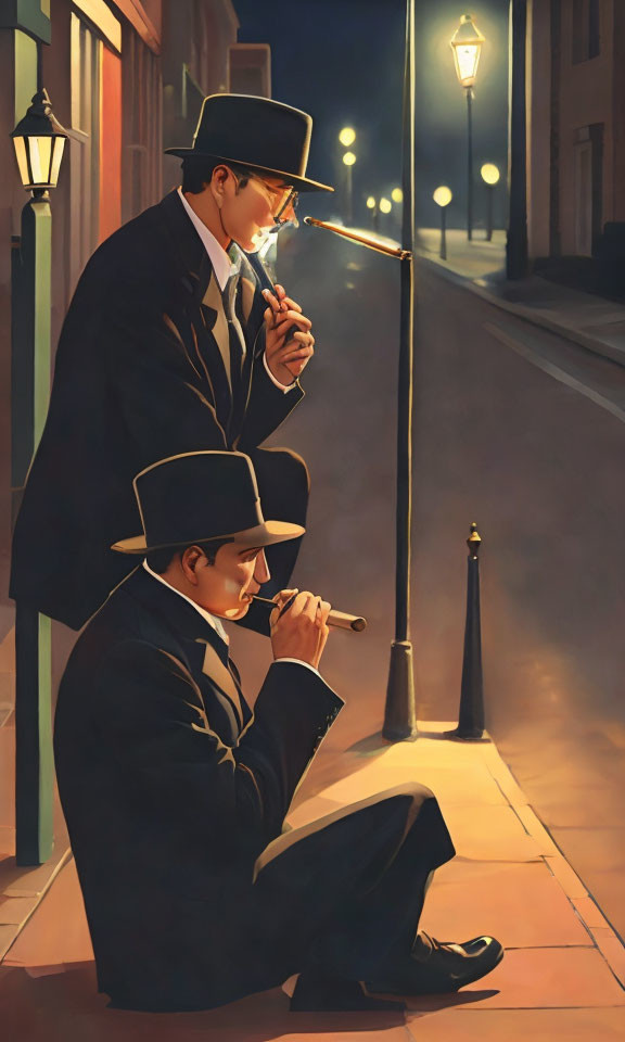 Two men in suits and fedoras smoking pipes and cigars on dimly lit street