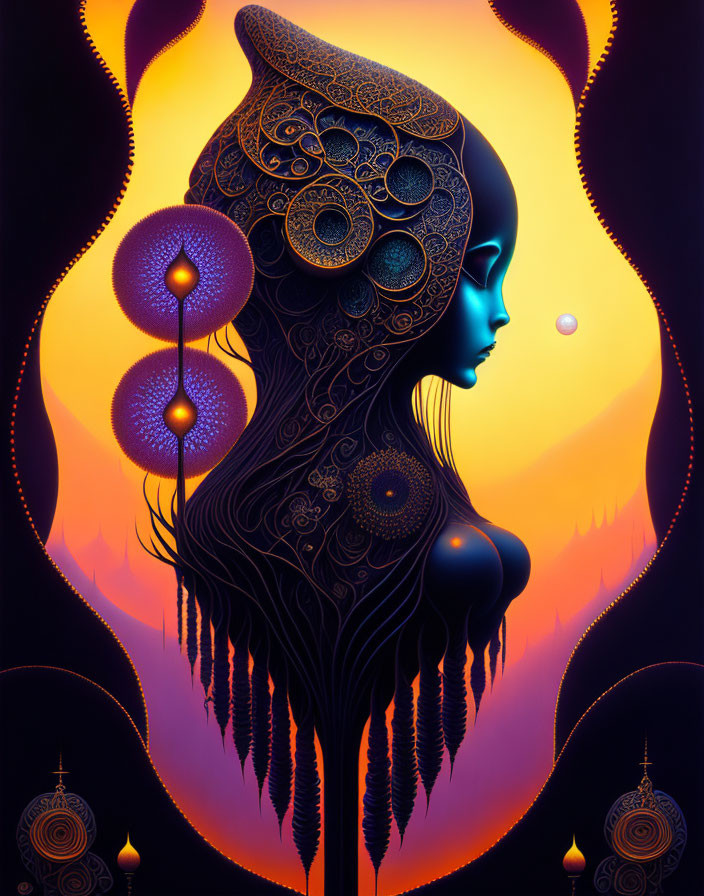 Surreal blue female figure with orbs on orange and purple backdrop