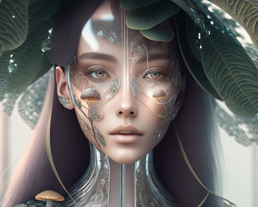 Surreal portrait blending female face with botanical elements and metallic filigree