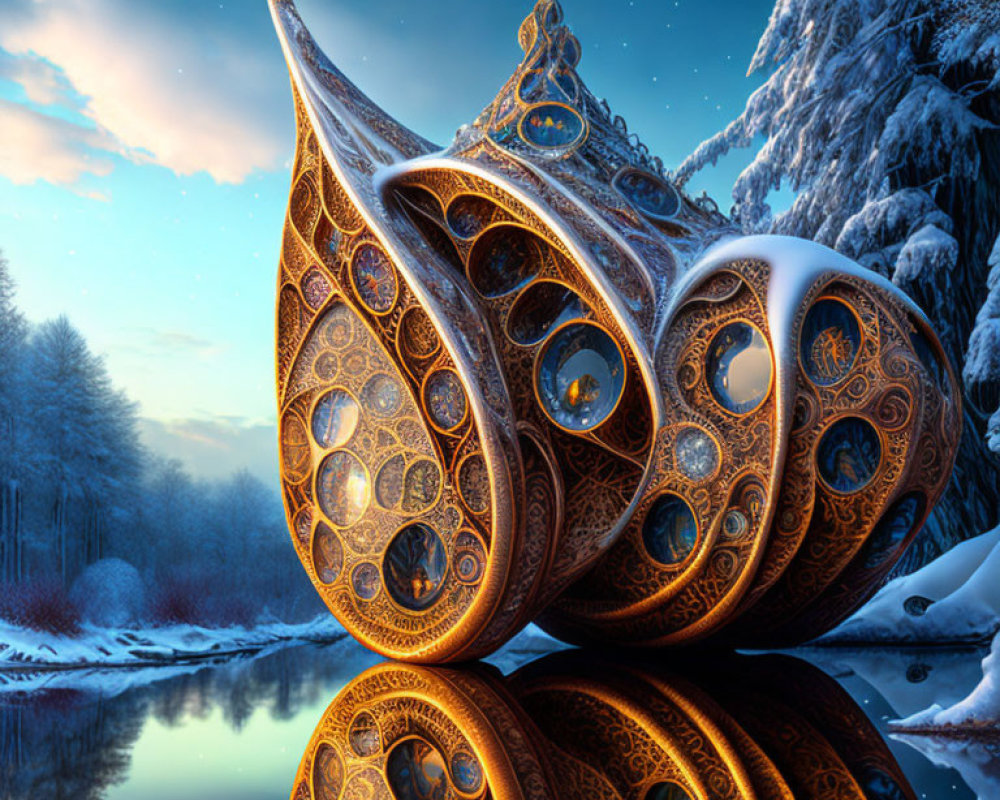 Fantastical snail shell-like structure in snowy landscape with icy river