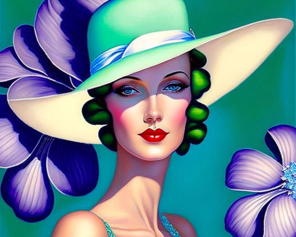 Stylized portrait of woman with green hat and white brim, blue dress, purple flowers,