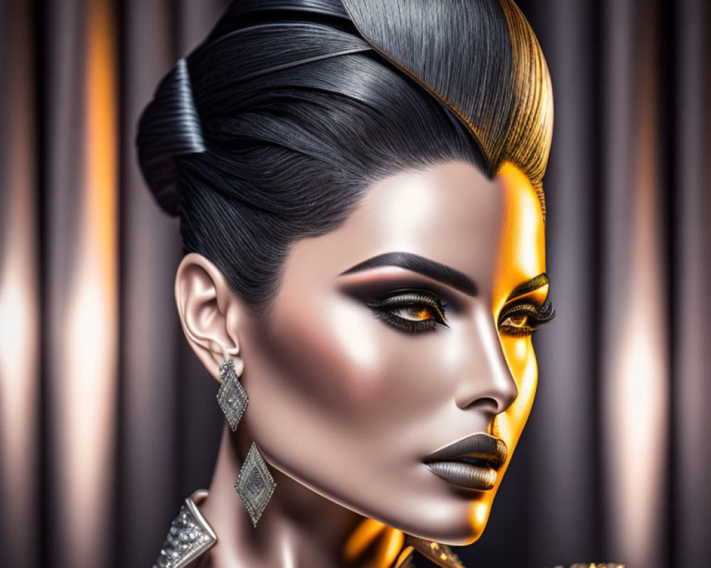 Elaborate updo hairstyle and dramatic makeup in digital artwork