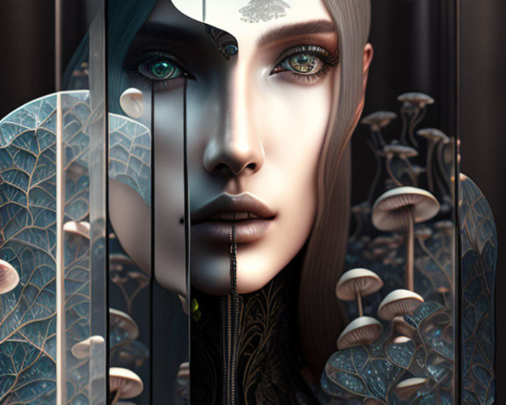 Surreal digital art portrait with mushrooms and organic patterns