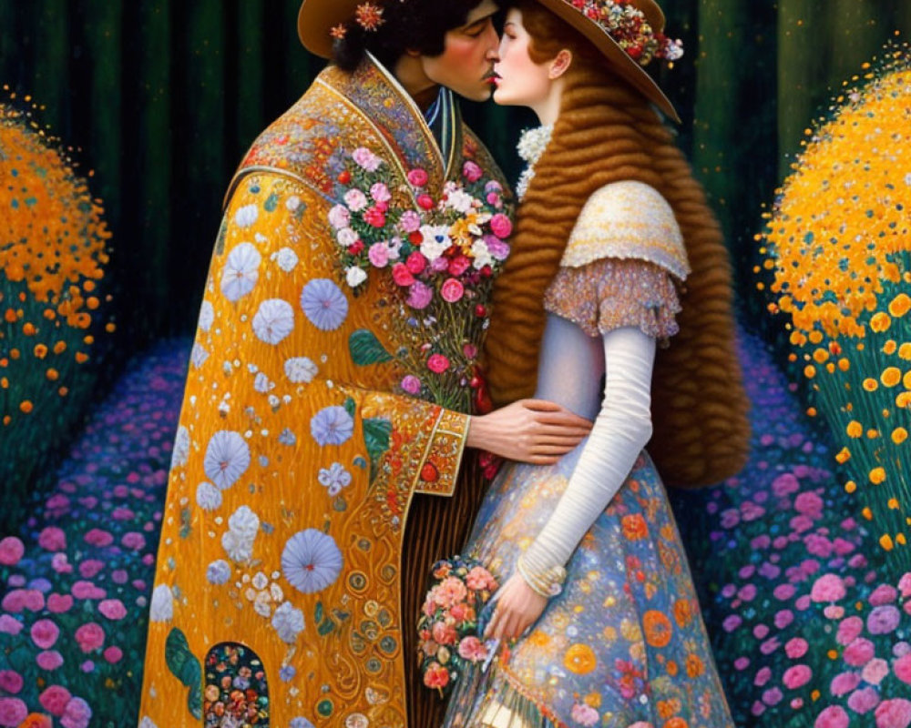 Elaborate Floral-Patterned Garments Kiss in Flower-Filled Scene