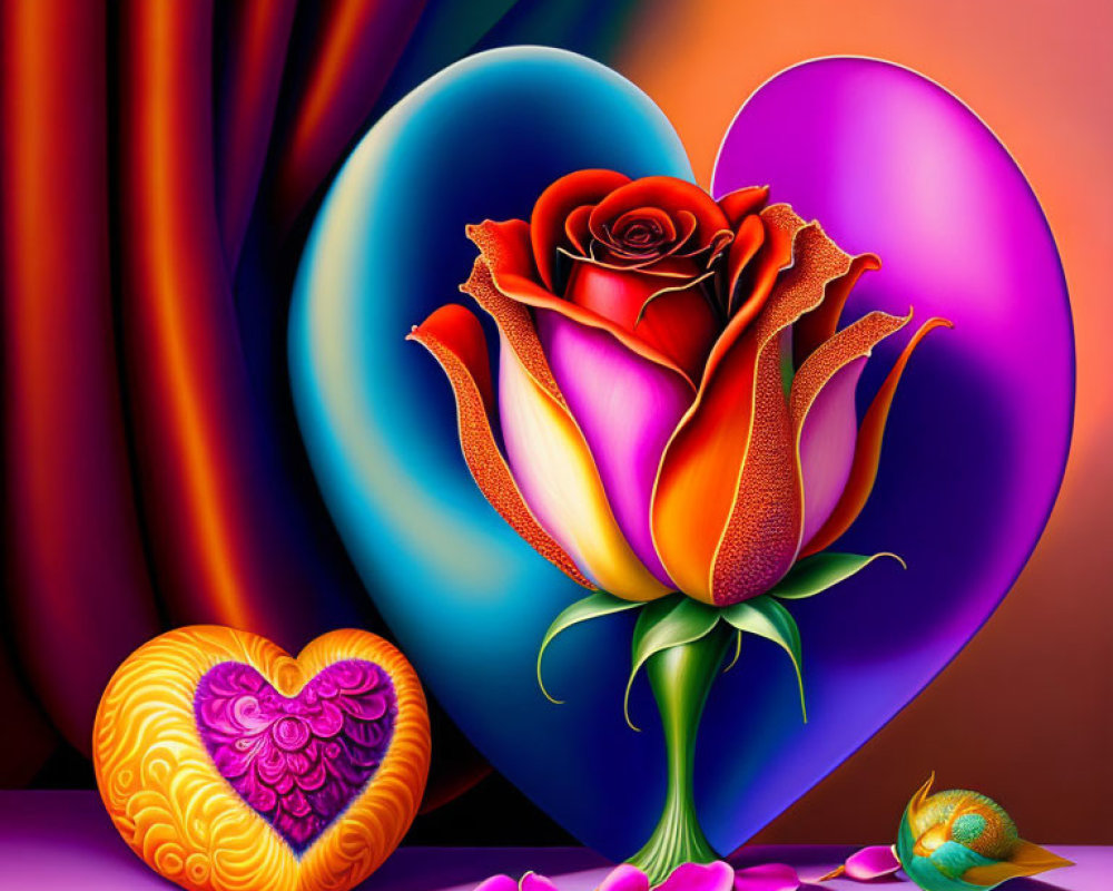 Colorful digital artwork: Large surreal rose, heart shapes, swirling patterns