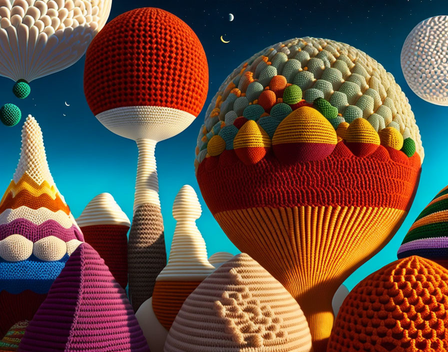 Vibrant yarn craft-inspired spheres and cones in fantasy sky with stars and moons