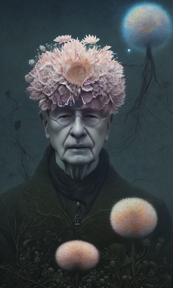 Elderly person in green sweater with pink flower headpiece and floating orbs