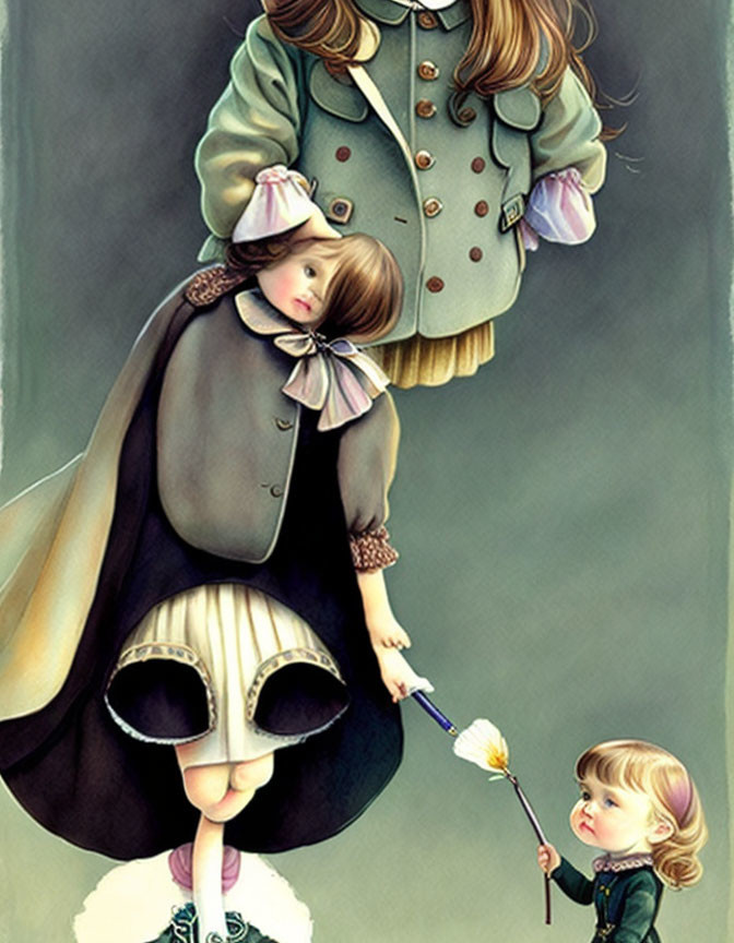 Illustration of two children in vintage clothing with flowers on grey background