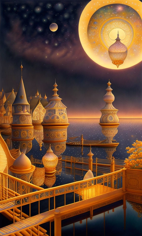 Golden palace with ornate spires by calm sea under starry sky