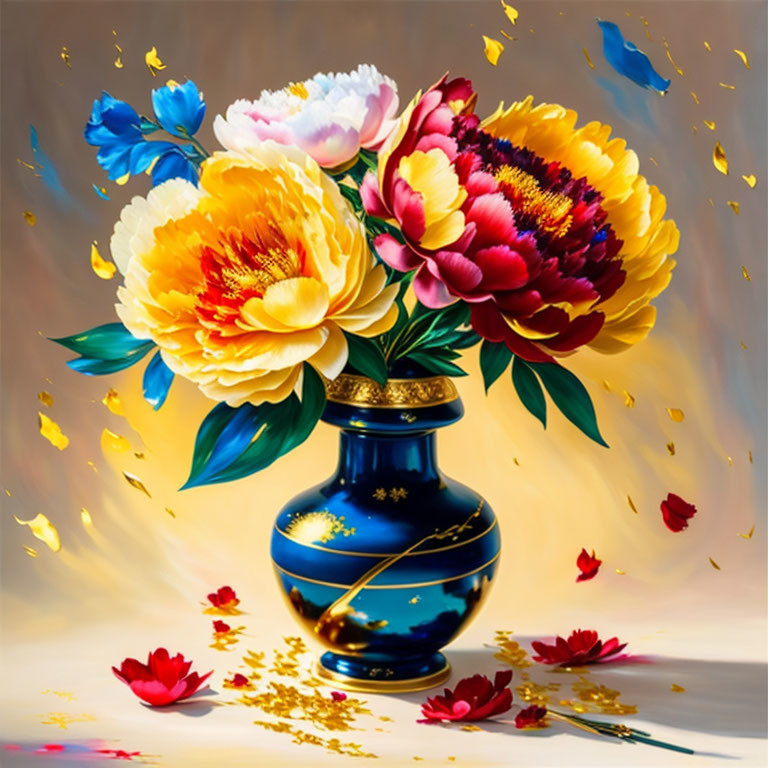 Colorful peonies in blue vase with gold accents and scattered petals.