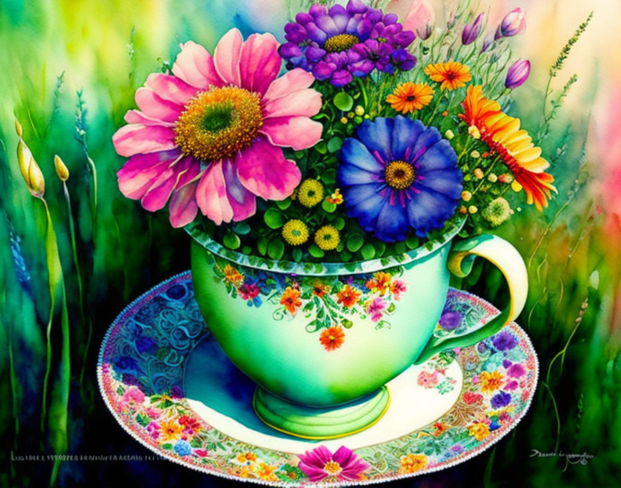 Colorful Flower Bouquet Painting in Green Teacup and Saucer