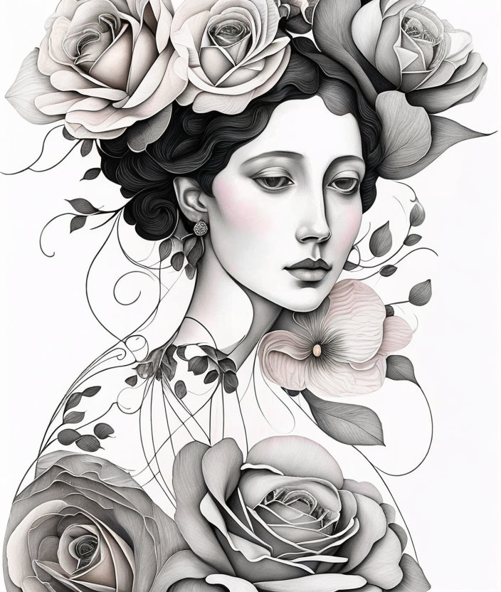 Monochromatic woman illustration with floral elements and roses in hair