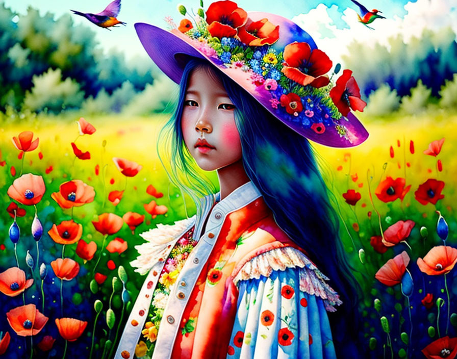 Vibrant artwork of young girl with blue hair in floral hat among poppies