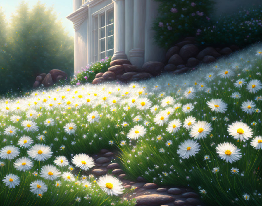 Tranquil white daisies in sunlit meadow with classic window & stone wall