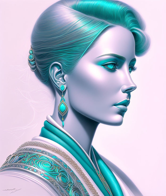 Stylized portrait of woman with turquoise hair and earrings