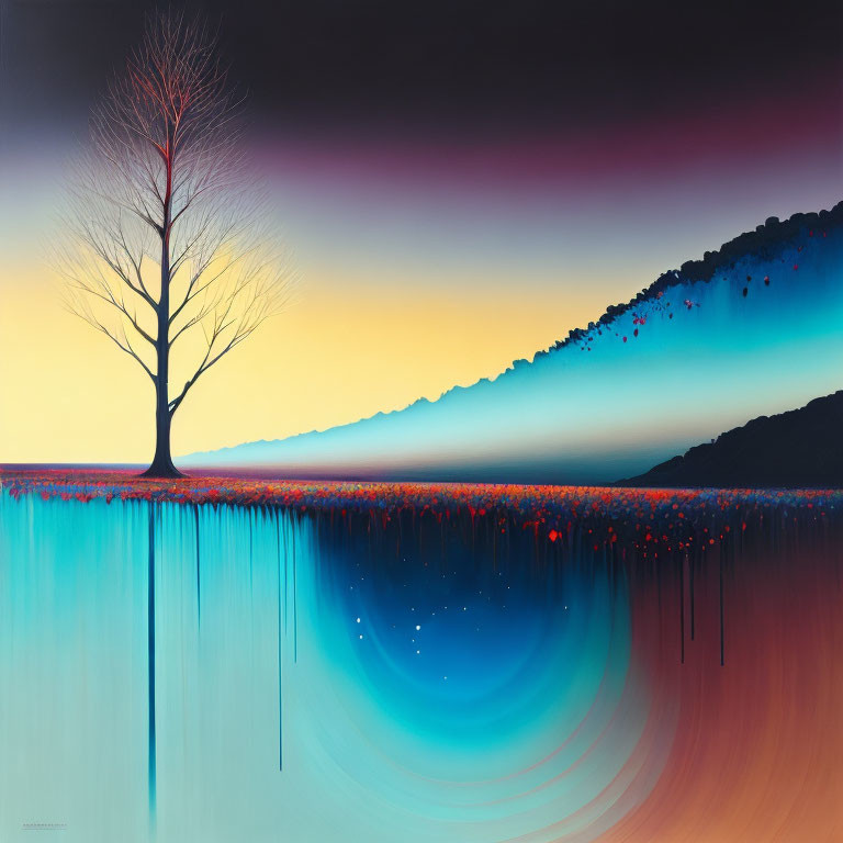 Tranquil painting of leafless tree by water with colorful reflection