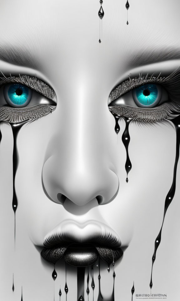 Digital portrait featuring face with blue eyes, metallic skin, and dripping black liquid