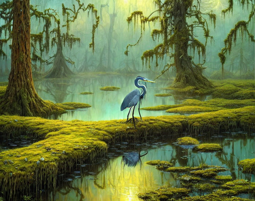 Heron in Misty Swamp Among Tree Trunks