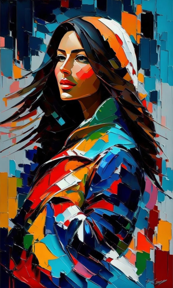 Colorful Abstract Portrait of Woman with Flowing Dark Hair