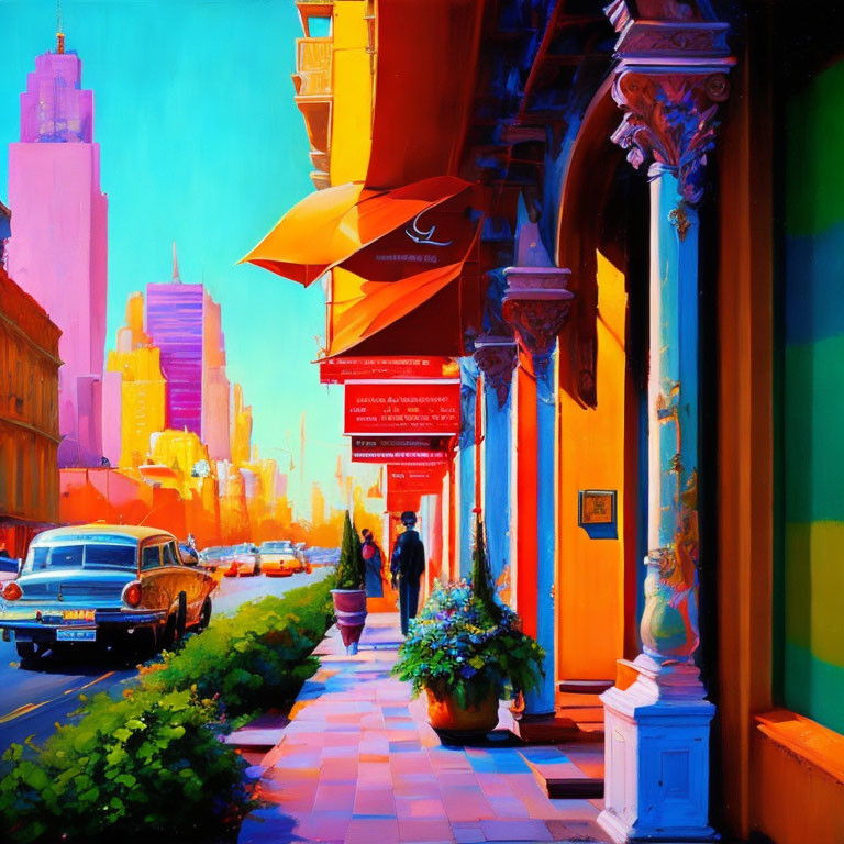 Colorful Cityscape Painting with Classic Cars and Pedestrians