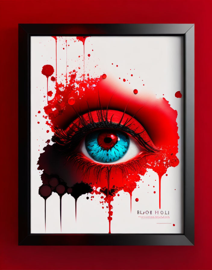 Vibrant blue eye with red splatters on white background and red backdrop