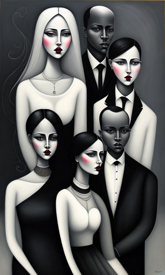 Six Stylized Figures in Dark Attire with Pale Skin and Red Lips